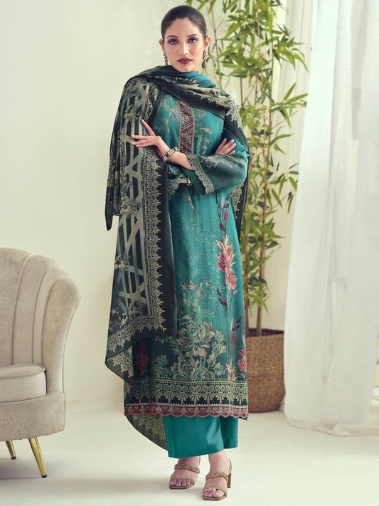 Aastha Fashion Women's Teal Muslin Floral Digital Print with Resham Thread work Kurta with Trouser & Dupatta - Grab2buy