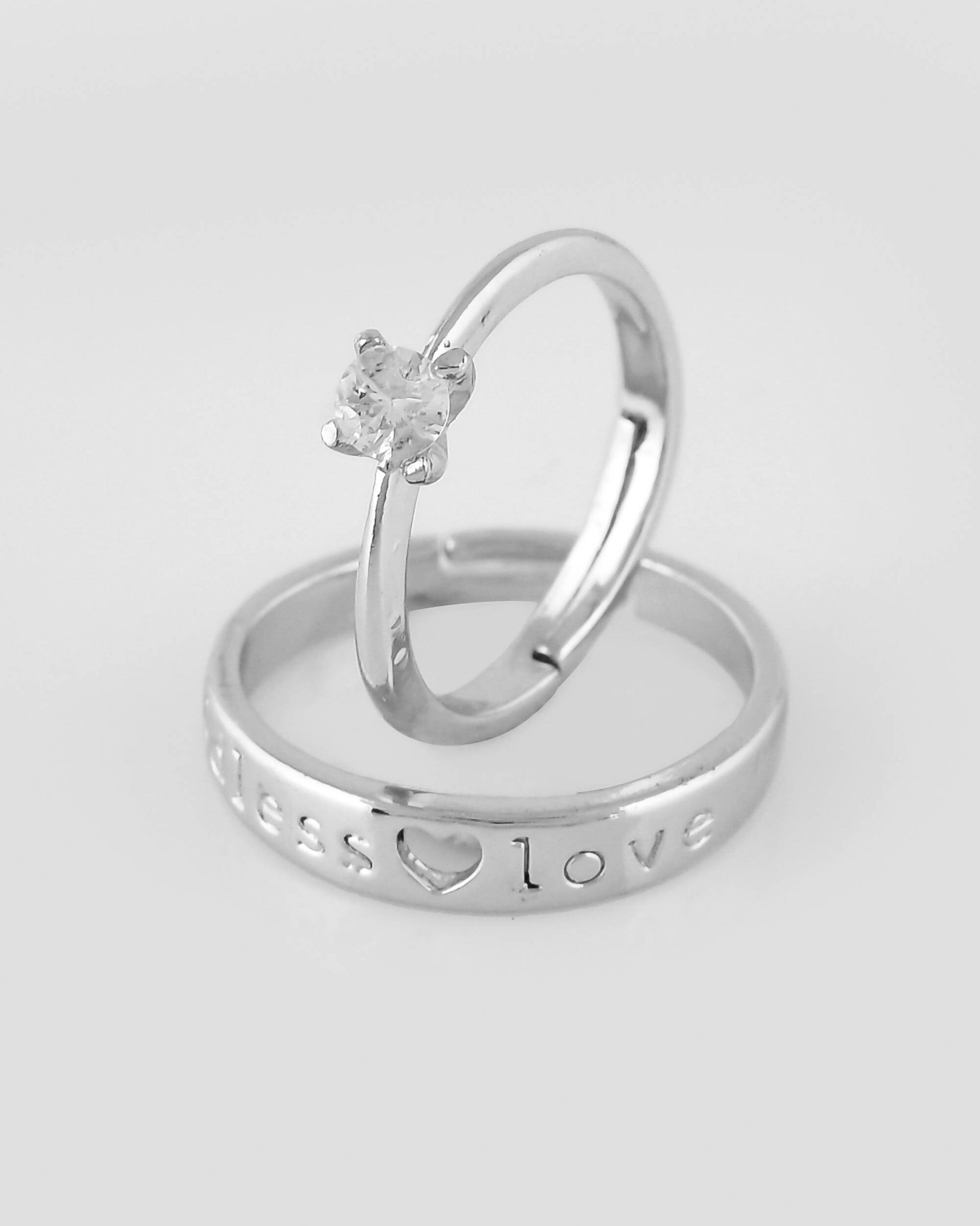 VOJ Stainless Steel Cubic Zirconia Silver Plated Adjustable Ring Set for Couple 