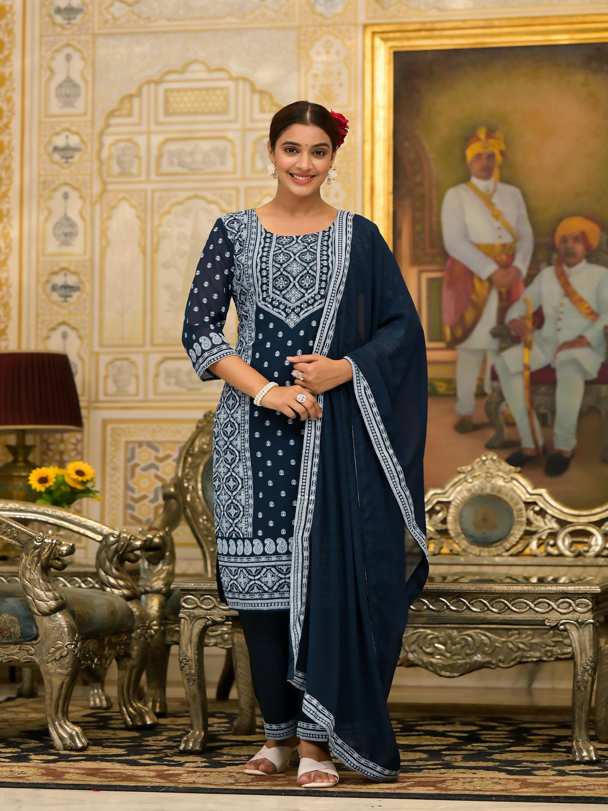 Juniper Women's Navy Ethnic Motif Printed Georgette Kurta Pant And Dupatta Set With Sequins & Beads