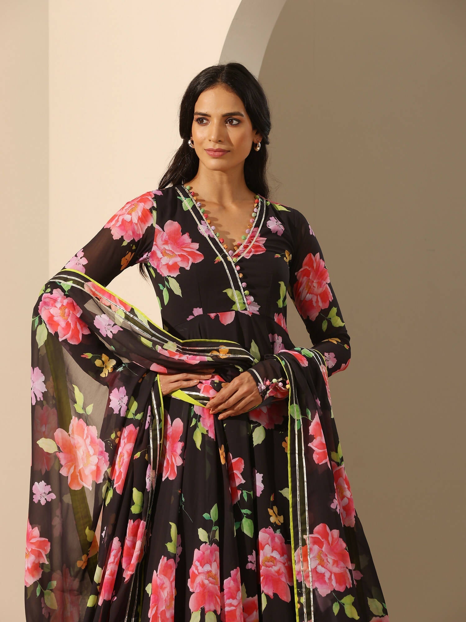 Pomcha Jaipur Black Gul Gulabi Phool Anarkali Set 