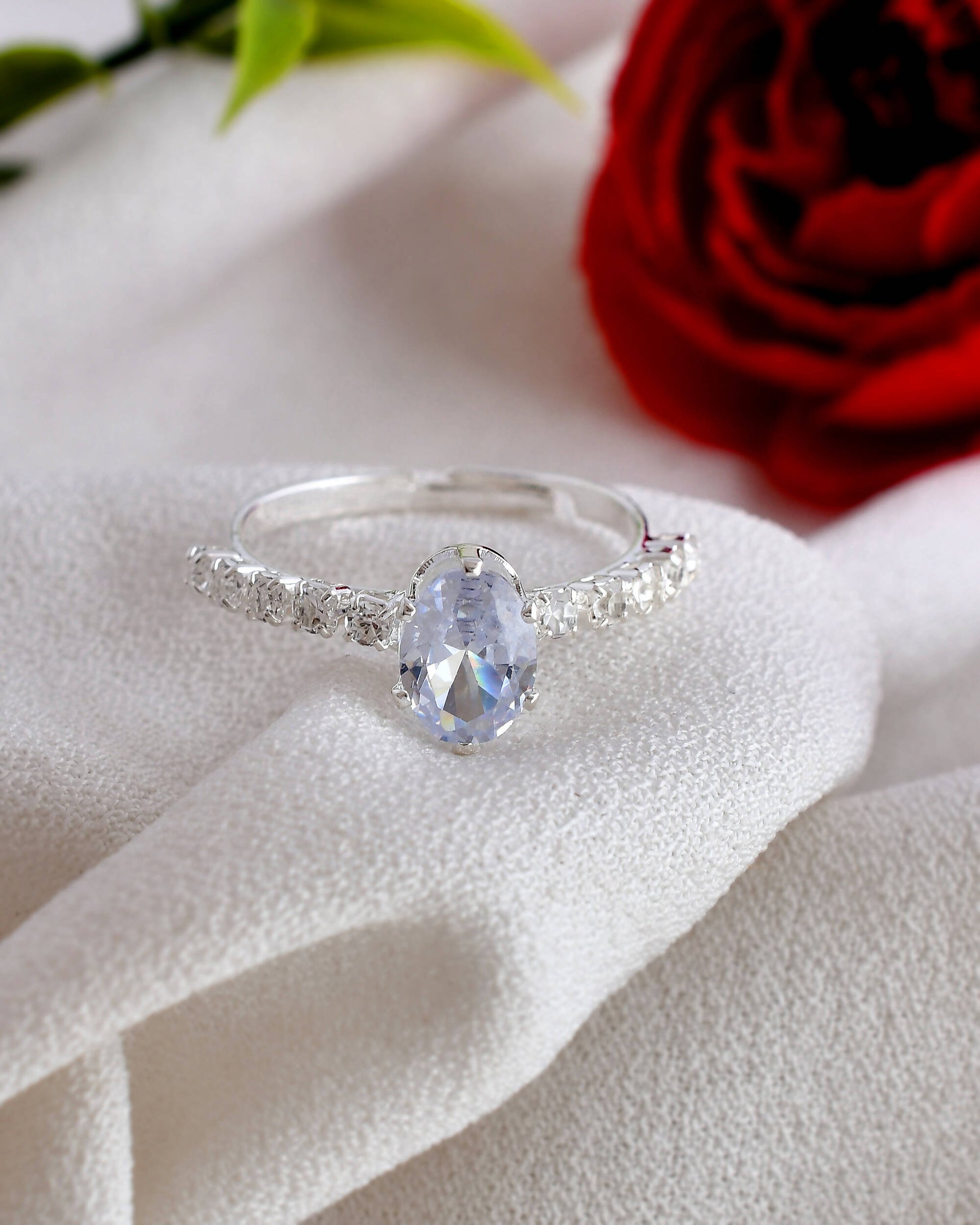 VOJ white CZ-detail Stainless Steel Cubic Zirconia Silver Plated Adjustable Finger Ring 