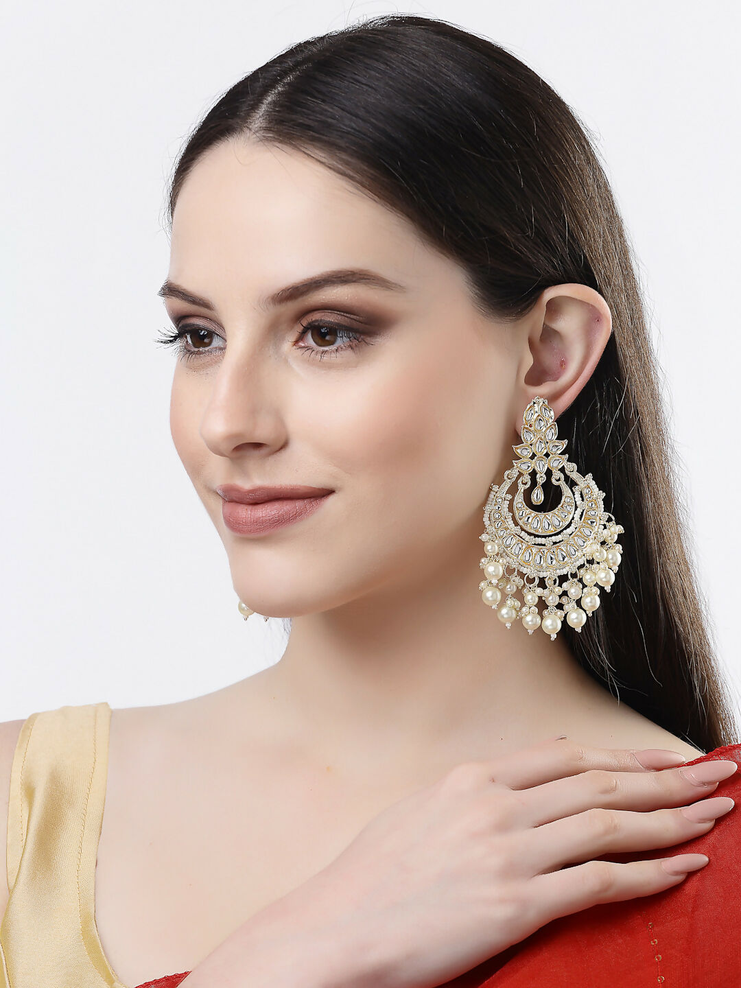 NVR Women Gold-Polished Kundan Chandbali Earrings 
