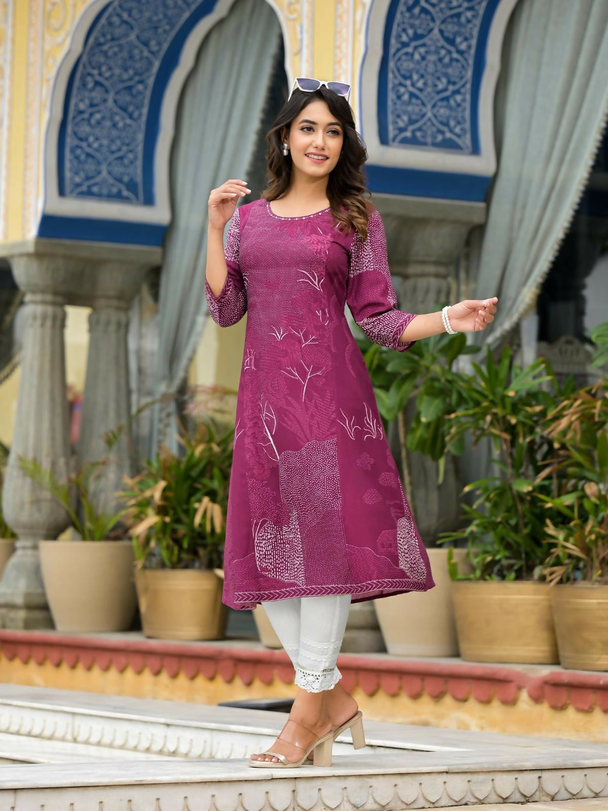 Juniper Women's Wine Beautiful Printed Liva Rayon A-Lined Kurta For Women 