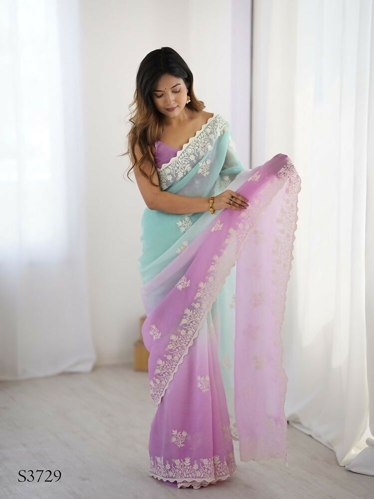Purple Crunchy Silk Embroidery Work Party Wear Saree - Lakshita