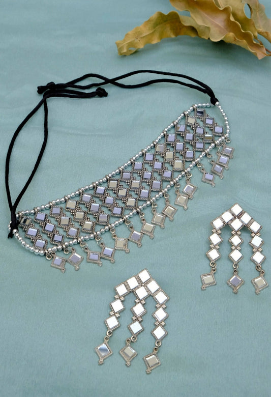 Mominos Fashion Johar Kamal Oxidised Silver-Plated Alloy Finish Mirror Choker For Women - Grab2buy