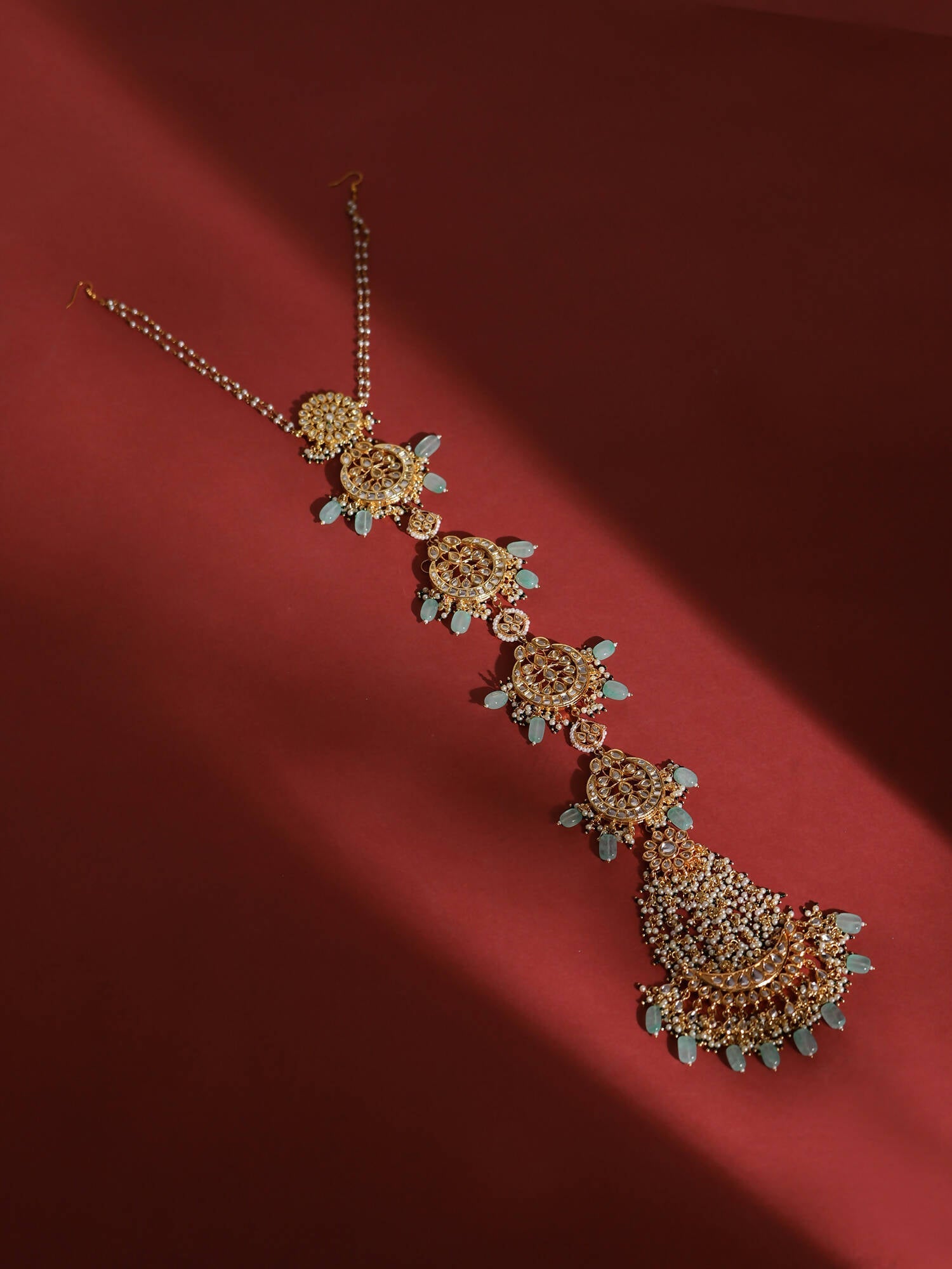 Gold-Plated White Blue Kundan-Studded Pearl Beaded Matha Patti - Ruby Raang - Grab2buy