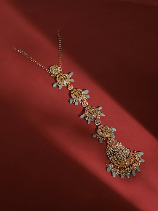 Gold-Plated White Blue Kundan-Studded Pearl Beaded Matha Patti - Ruby Raang - Grab2buy
