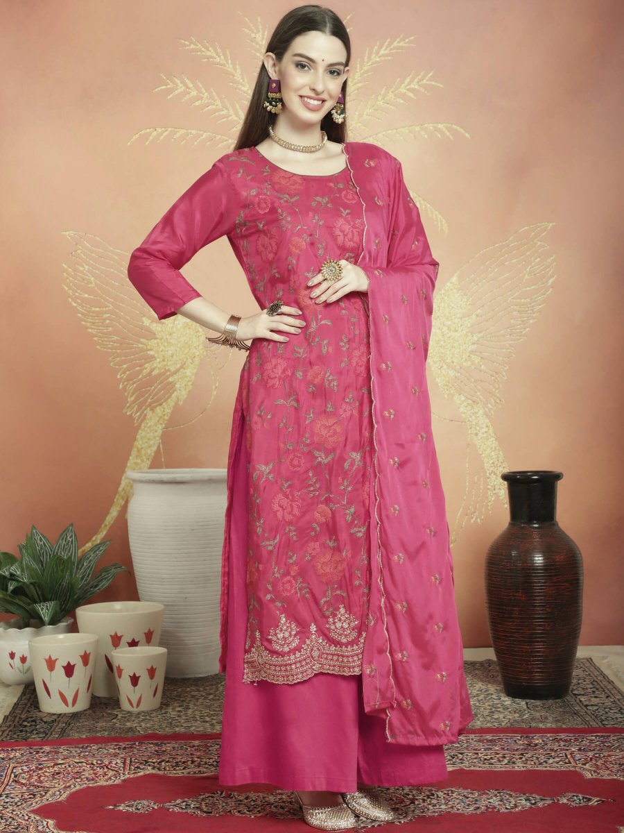 Aastha Fashion Women's Magenta Upada Silk Floral Resham Thread Kurta with Trouser & Dupatta - Grab2buy
