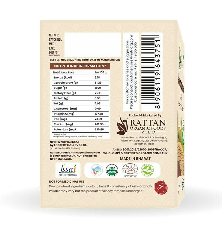 Nutriorg Certified Organic Ashwagandha Powder 