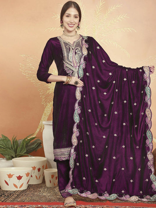 Aastha Fashion Women's Wine Velvet Cording with Resham Thread & Sequin Kurta with Trouser & Dupatta - Grab2buy