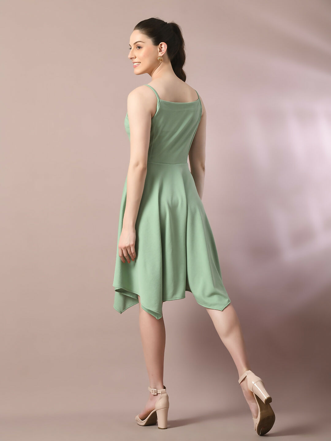 Myshka Women's Sea Green Solid Shoulder Straps Fit and Flare Party Dress