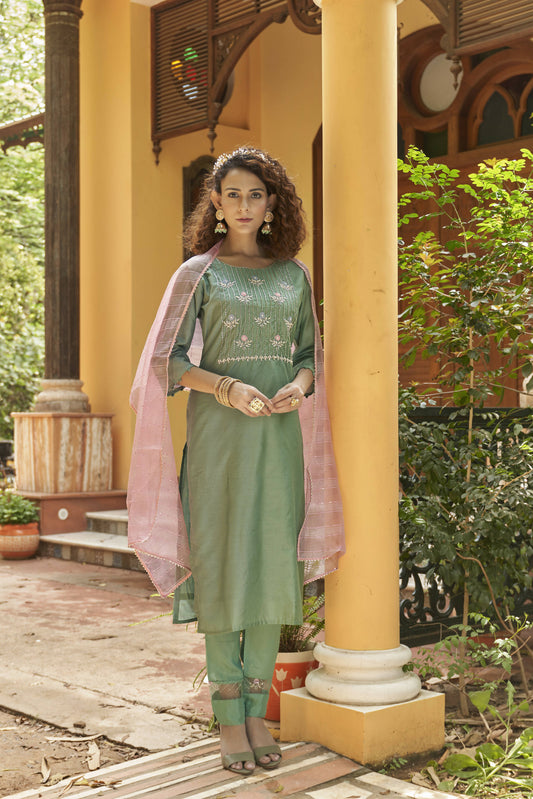 Green Chinon Embroidered Kurta and Bottom with Dupatta - Akashara