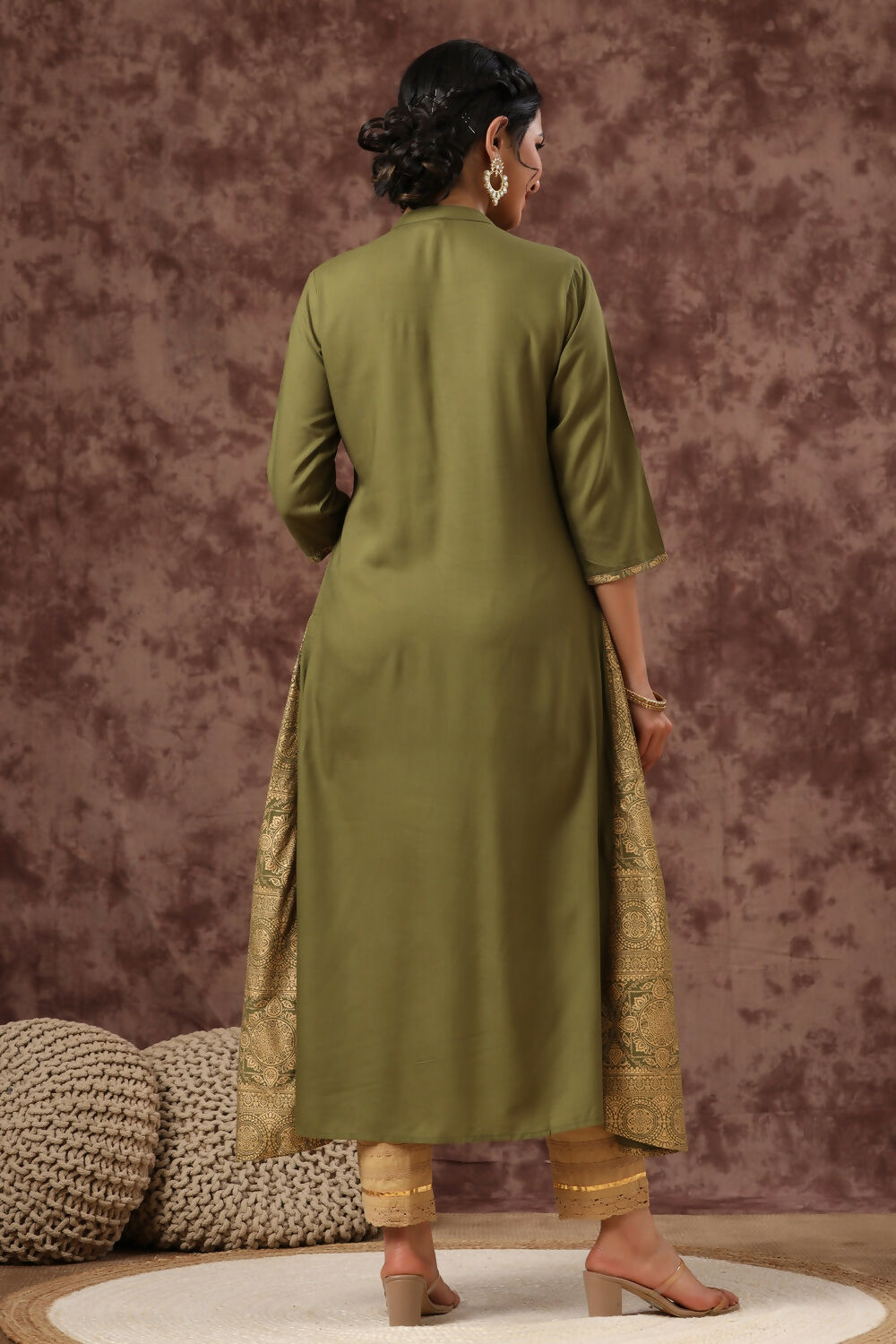 Juniper Olive Ethnic Motif Printed Rayon A-Line Women Kurta