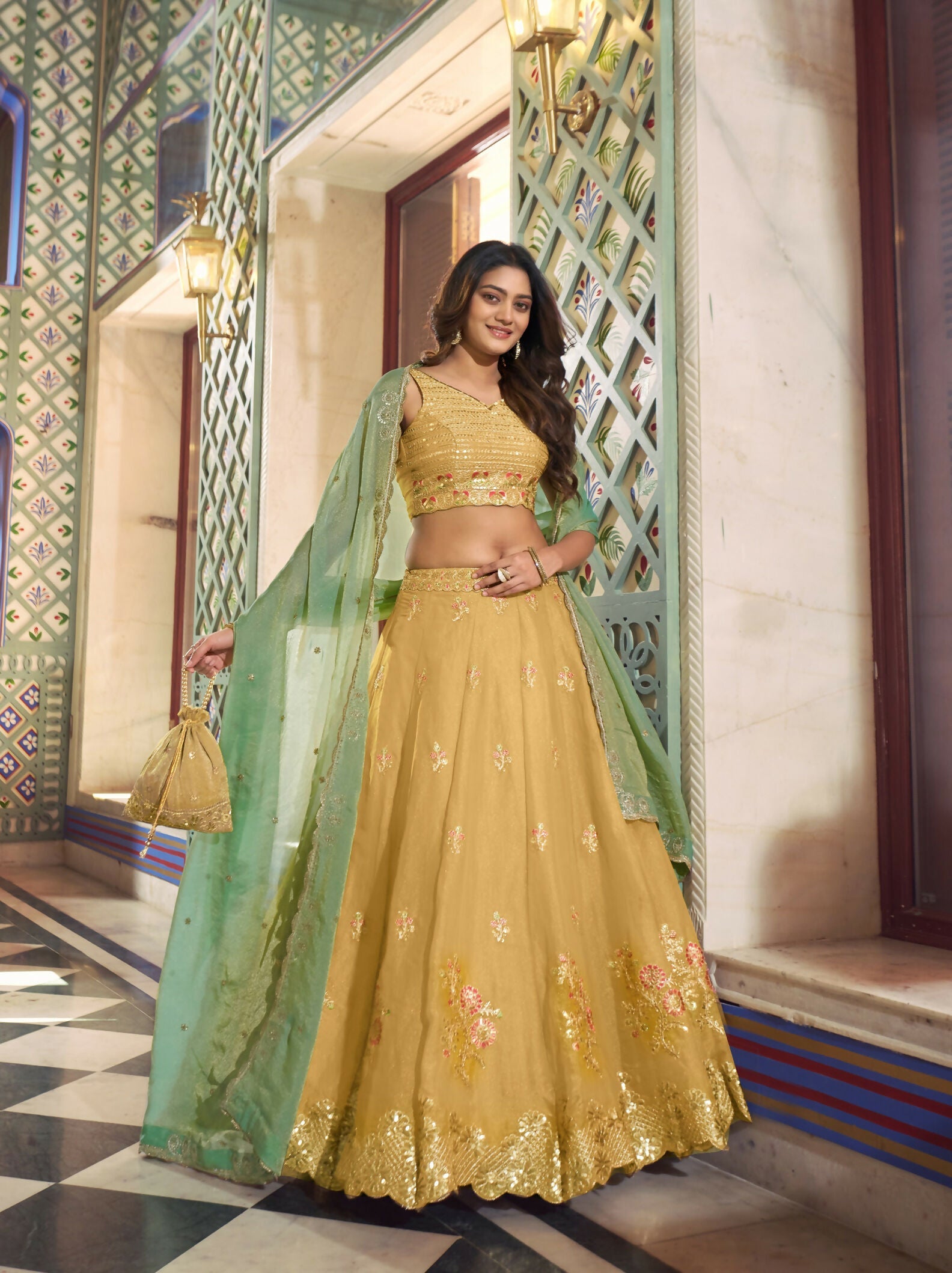 Lorenvalley Fashion Yellow NC Moss Silk Sequins and Thread Embroidery Work Lehenga Choli with Dupatta