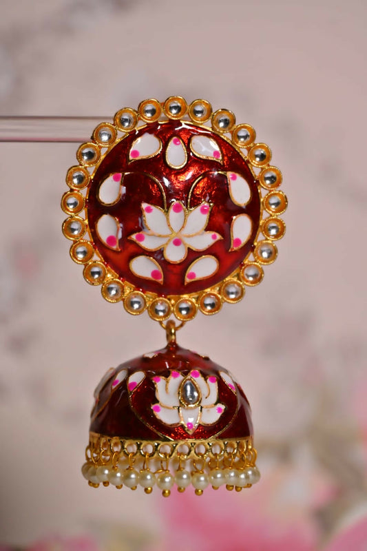 Maroon Round Shape Ethnic Meenakari Jhumki Earrings By House of Ree House of Ree