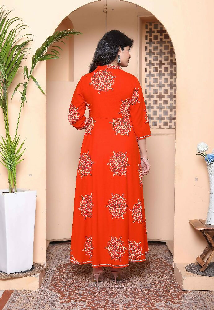 Miravan Womens Orange V-Neck Printed Anarkali Style Kurta