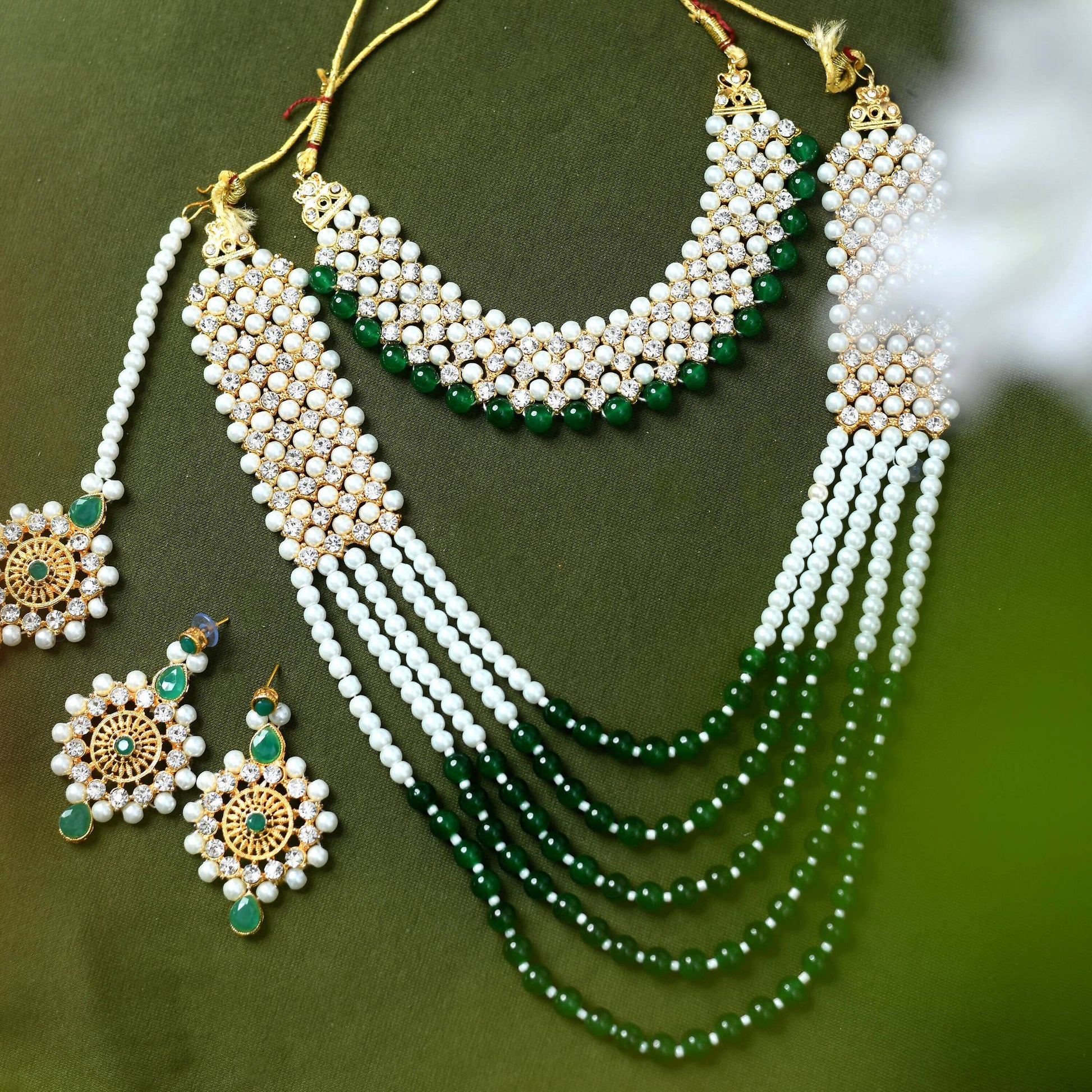 Mominos Fashion Johar Kamal Gold-Plated Rani Haar with Cream Green and Off white Pearls Jewellery Set - Grab2buy