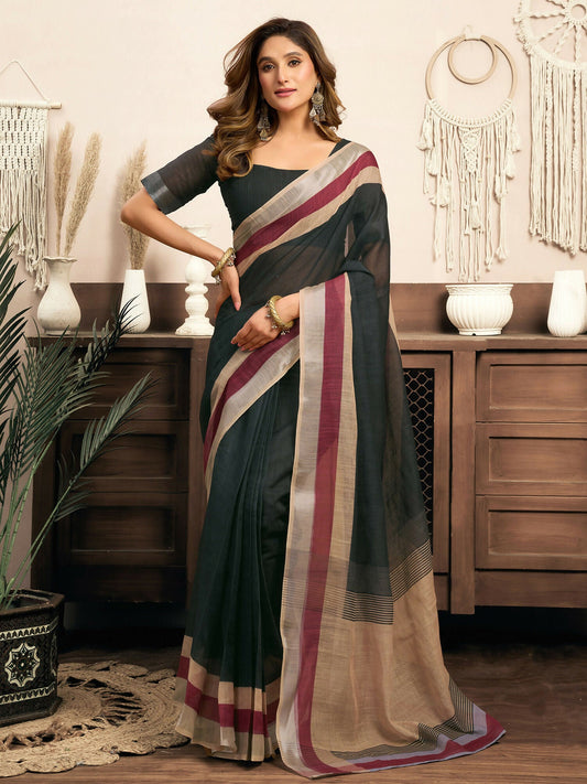 Joban Fashion  Black Solid Linen Ready To Wear Saree With Unstitched Blouse