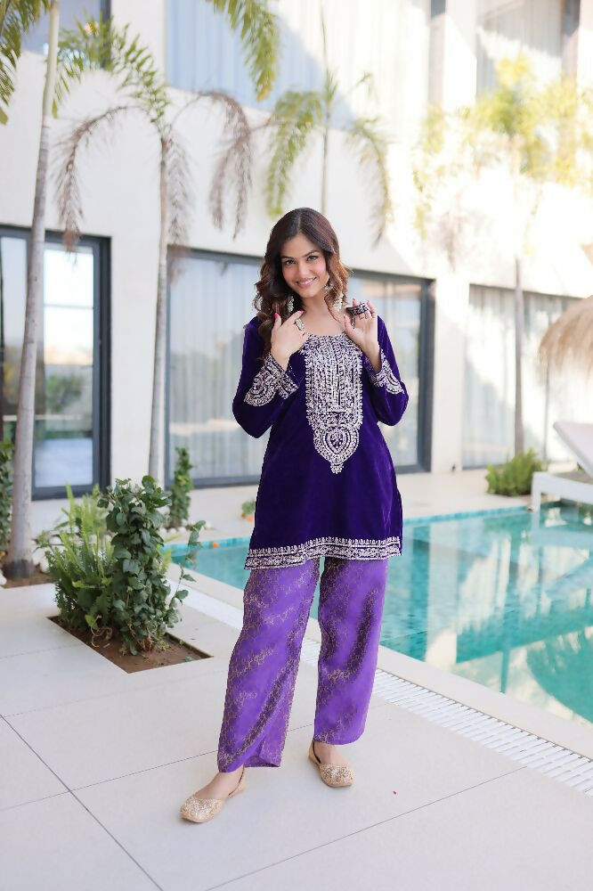 Joban Fashion Purple Kurta Set Velvet Sequins , Zari, Coding & Thread Embroidered work