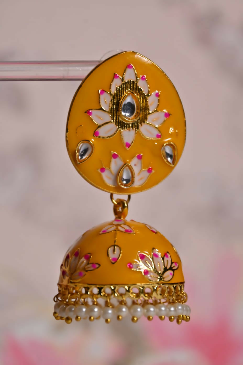 Yellow Hand Painted Ethnic Meenakari Jhumki Earrings By House of Ree House of Ree