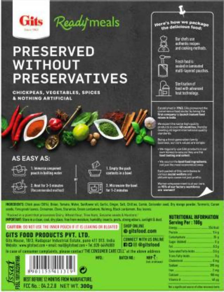 Gits Ready Meals Heat & Eat Chana Masala - Grab2buy