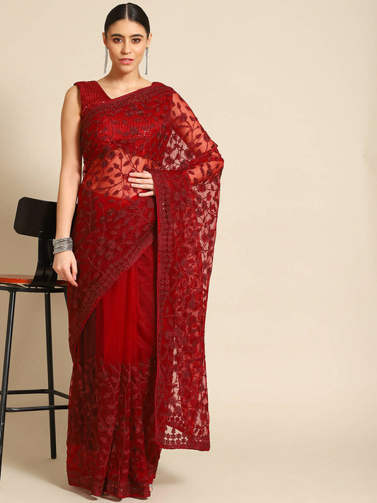 Maroon Woven Design Net Saree with Blouse Piece - Kalamkari