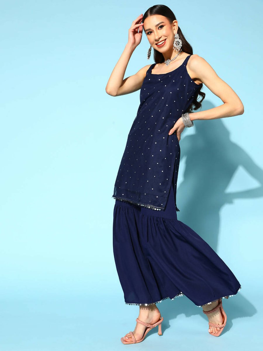 Ahalyaa Women Navy Blue Colour Crepe Foil Printed Kurta Sharara Set With Dupatta 