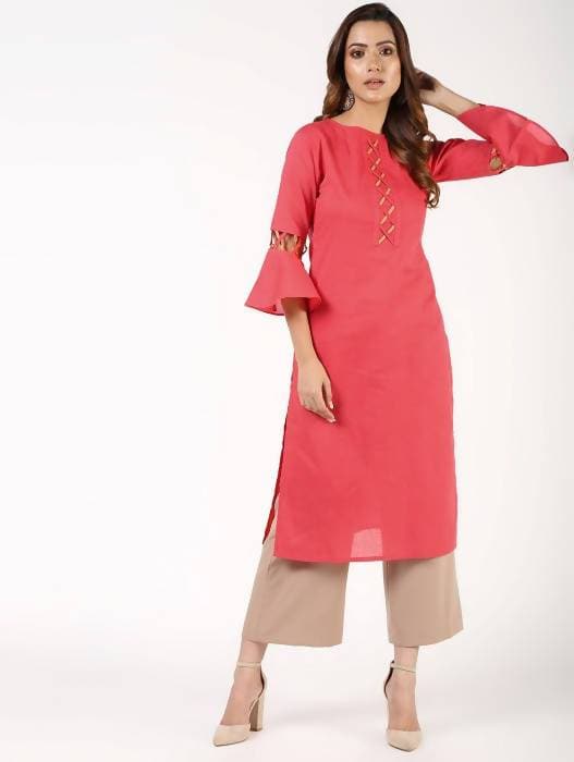 Aniyah Cotton Criss Cross Bell Sleeves Peach Straight Kurta (AN-142K) | Grab2Buy