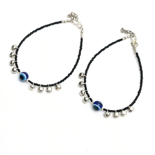 Mominos Fashion Kamal Johar Nazariya Silver/Black Anklets