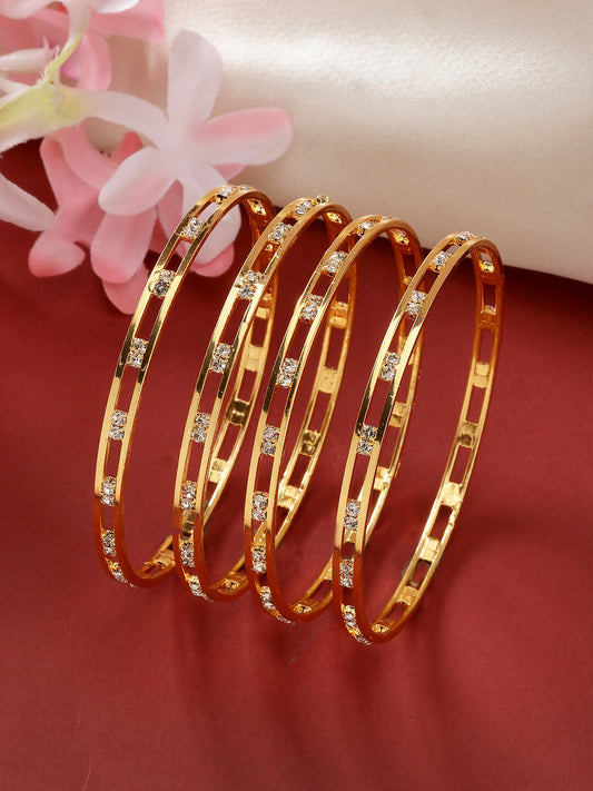 NVR Women's Set of 4 Gold-Polished CZ Stone-Studded Bangles 