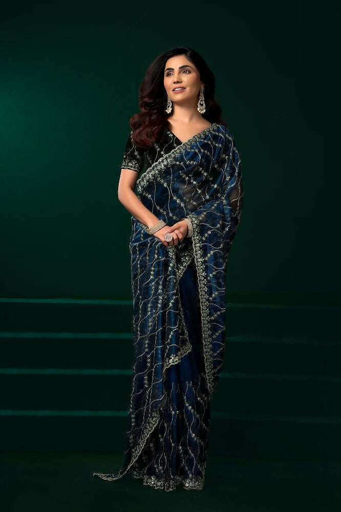 Joban Fashion Navy Blue Net Party Wear Sarees