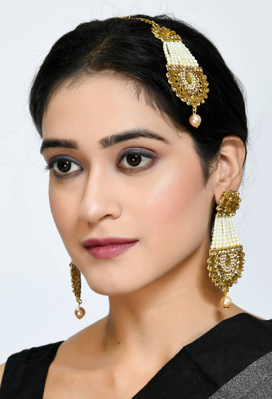 Mominos Fashion Johar Kamal Golden Kundan & Pearls Earrings With Tikka - Grab2buy