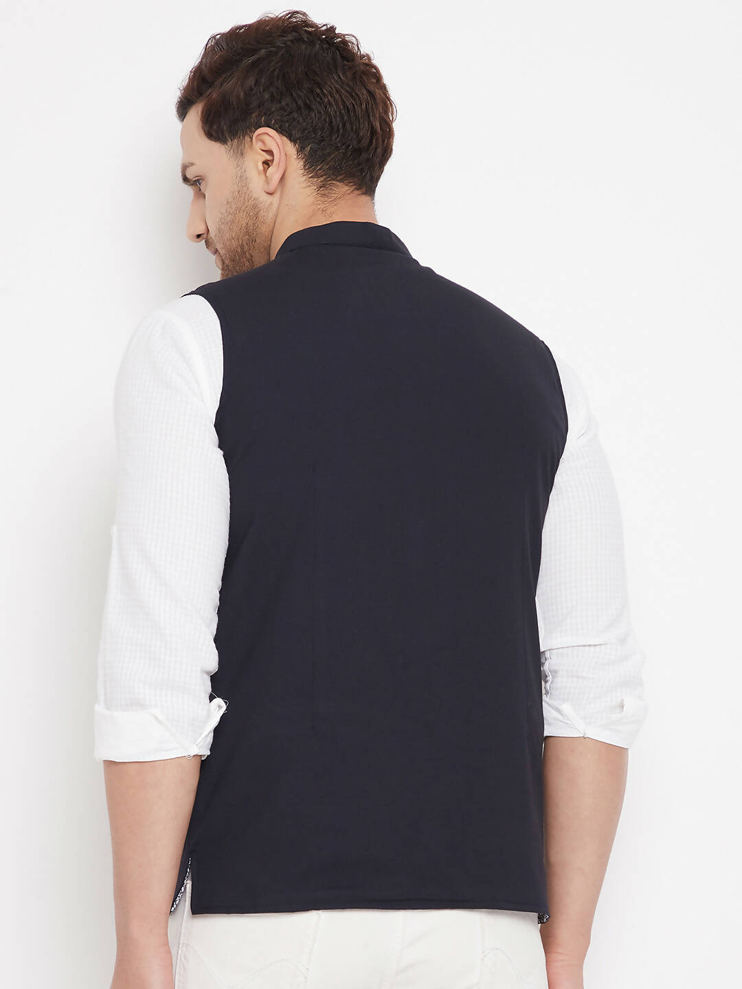 Even Apparels Navy Merino Men's Nehru Jacket-Contrast Lining-Inbuilt Pocket Square 