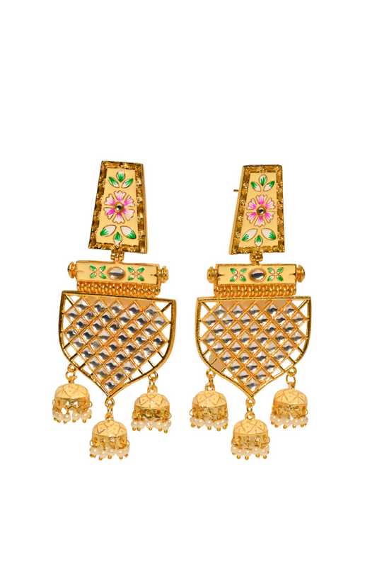 Traditional Gold-Plated Meenakari Beige Jhumka Jhumki Earrings By House of Ree - Grab2buy