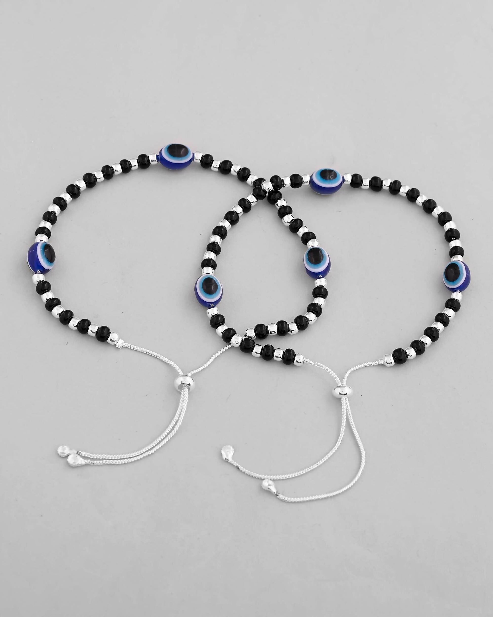VOJ Set of 2 Silver Plated Evil Eye With Black And Silver Beads Anklet 
