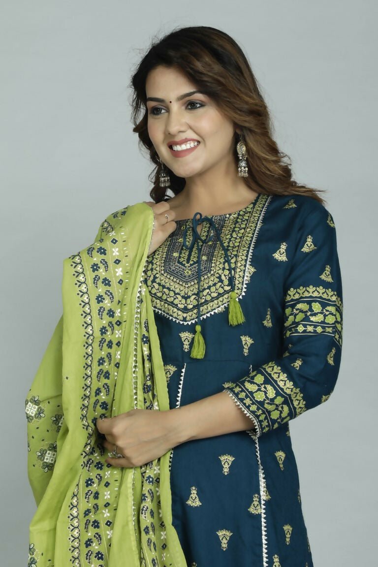 Alvano Women's Stylish Anarkali Kurti with Pant and Dupatta for Women and Girls (Teal)
