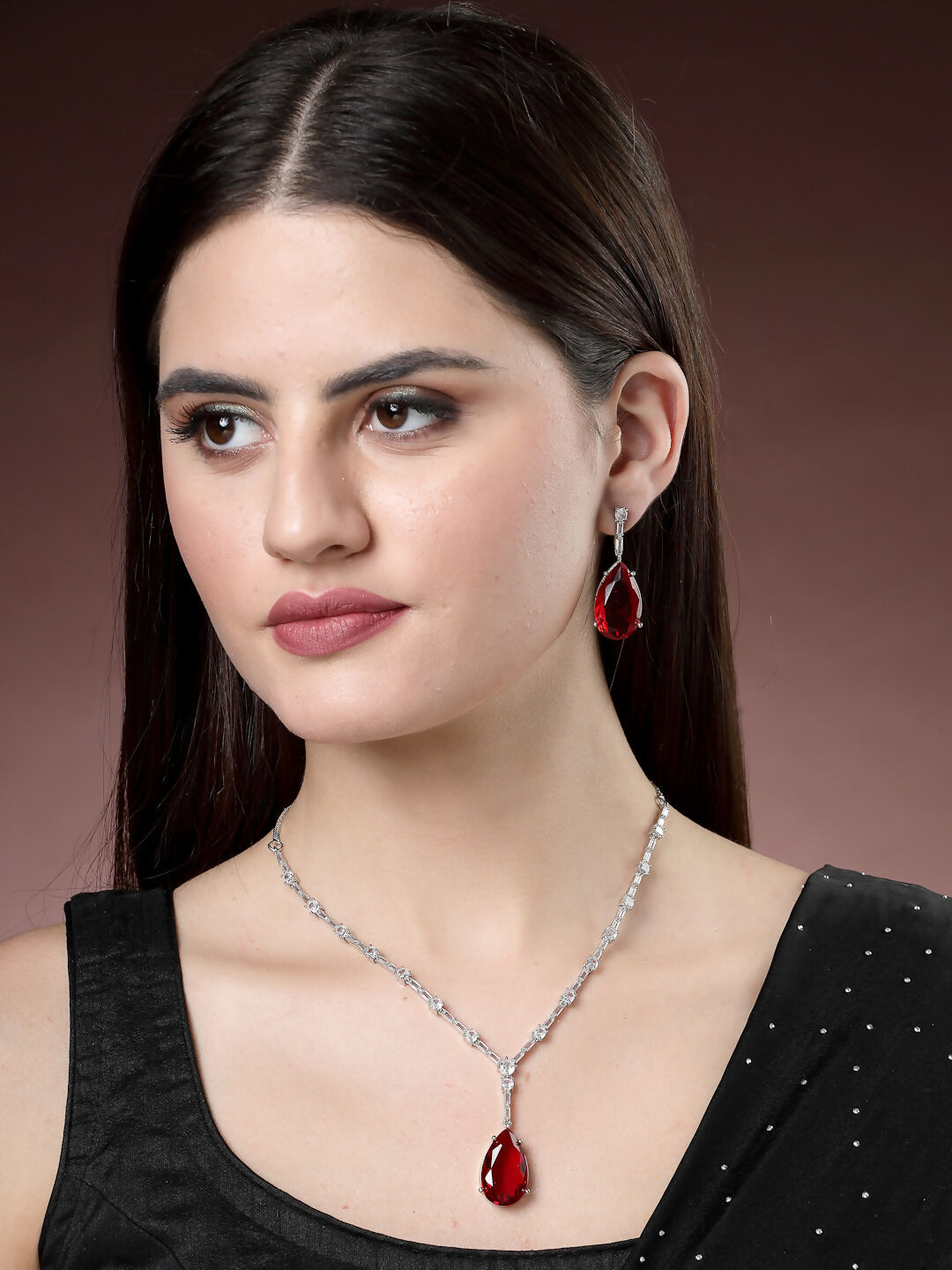 NVR Women's Silver-Plated Red Artificial Stones Studded Handcrafted Jewellery Set - Grab2buy