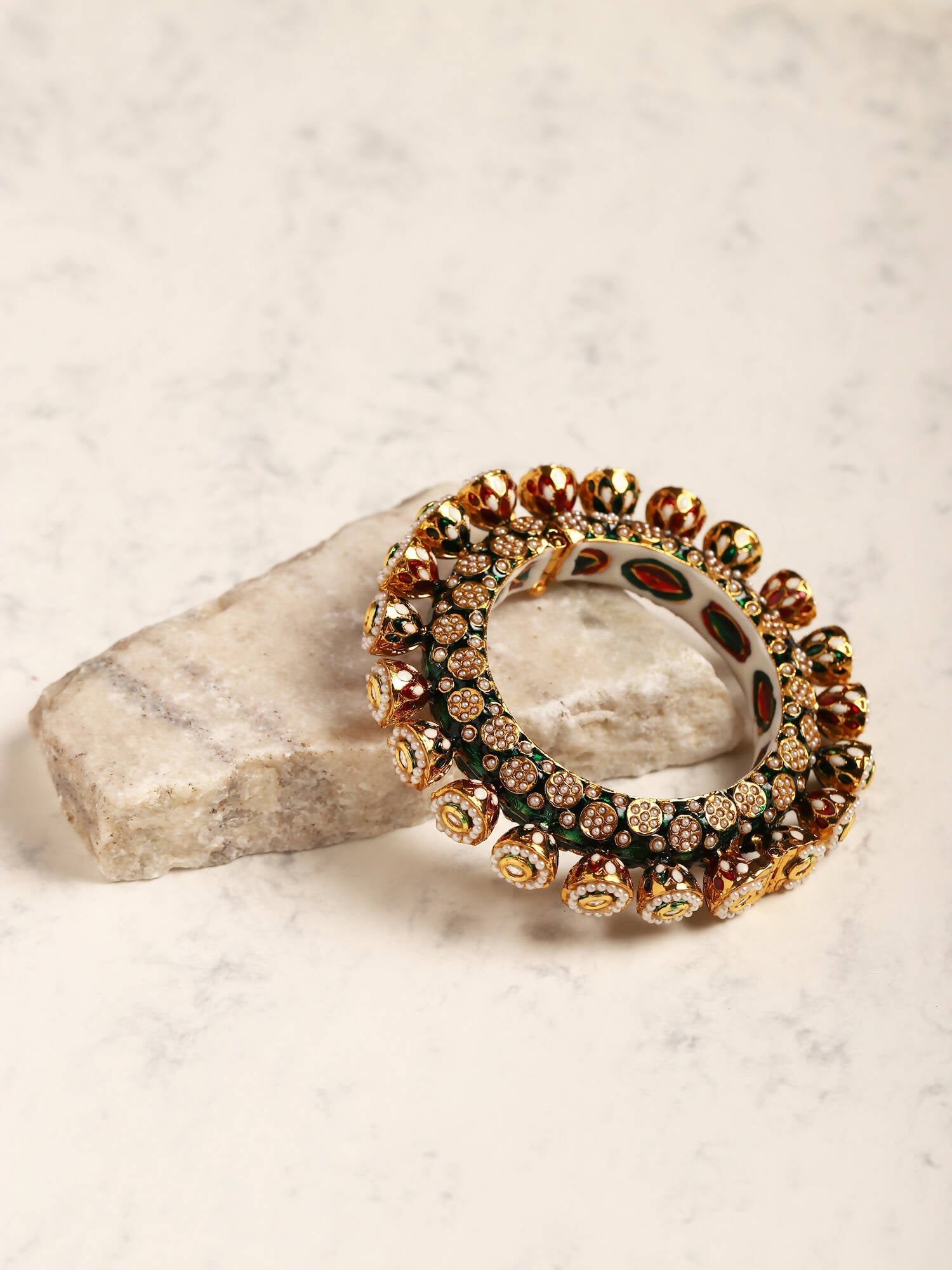 Gold-Polished Green Navratan Meenakari Bangle - Ruby Raang 
