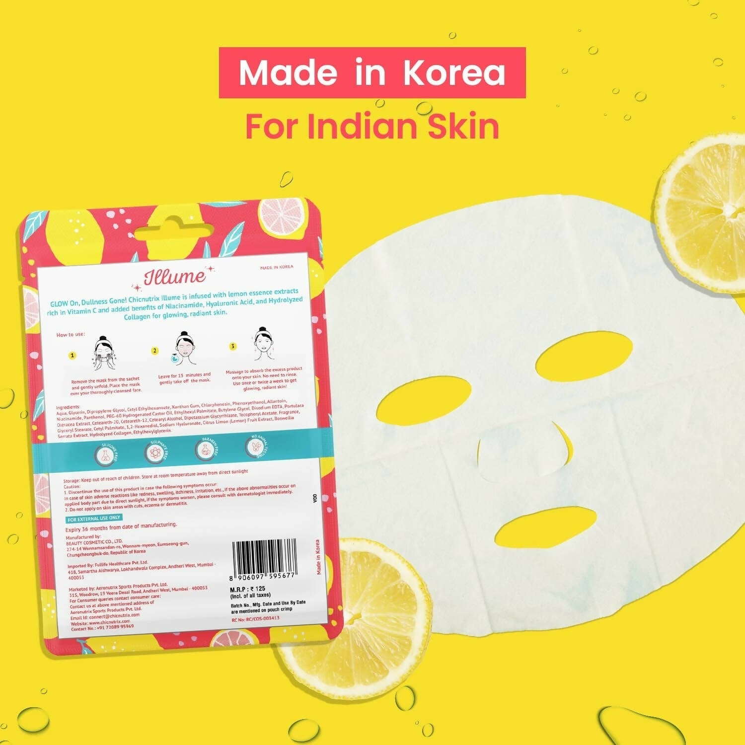 Chicnutrix Korean Illume Face Sheet Mask Infused With Lemon Essence Rich In Vitamin C Radiant and Glowing Skin, Korean Skincare 