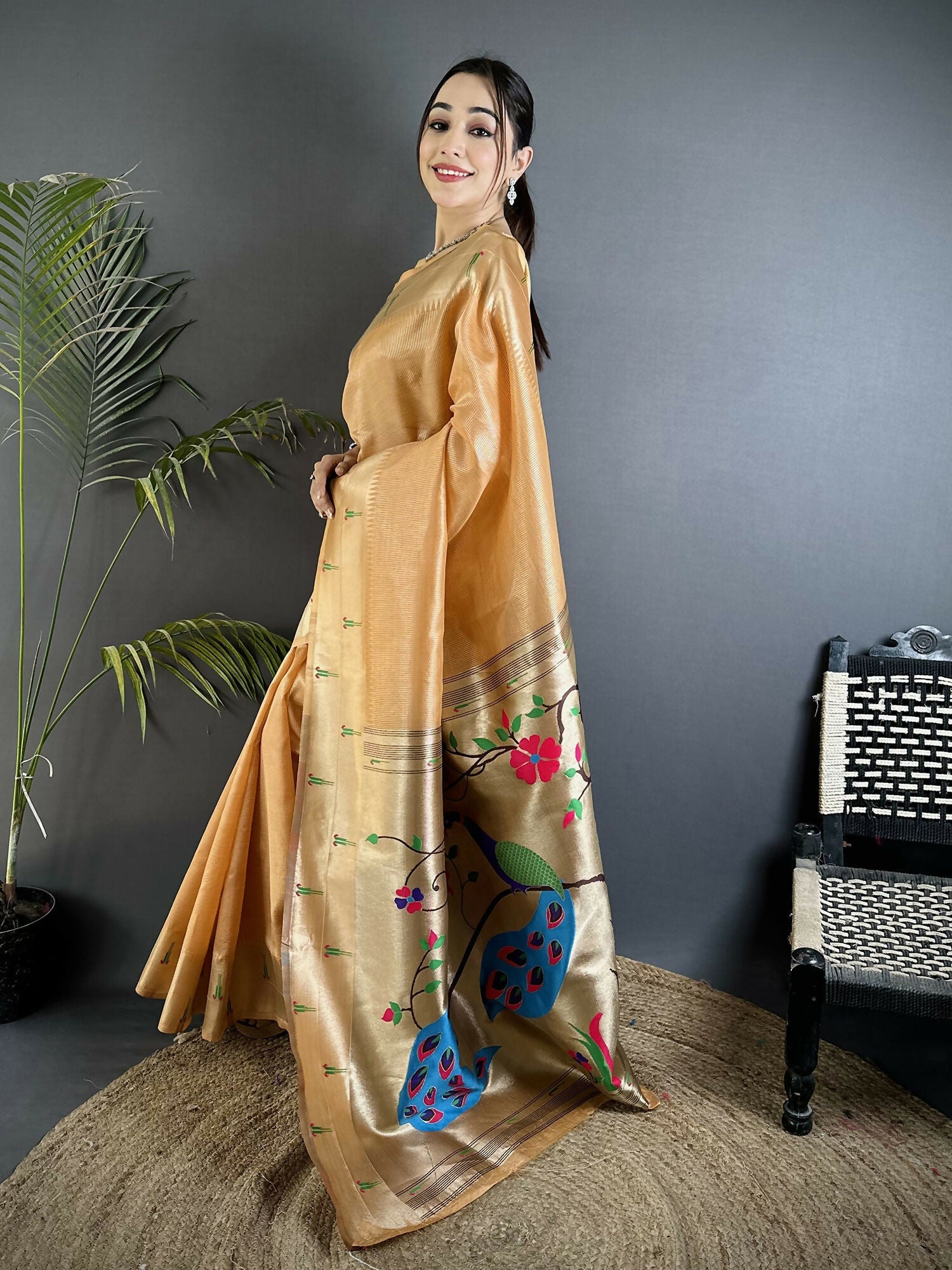 Joban Fashion Gold Yellow Peacock & Floral Motifs Tissue Paithani Saree