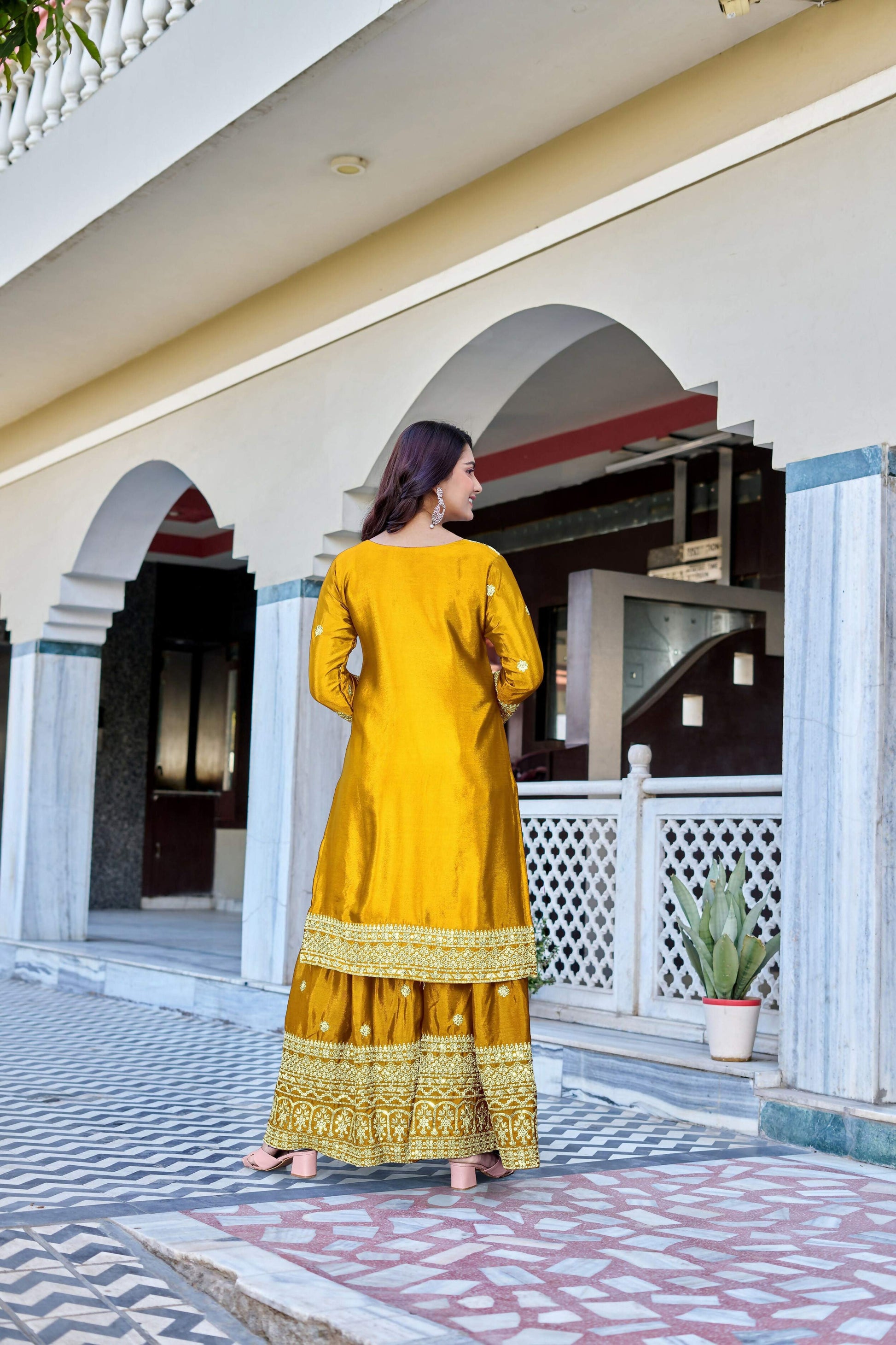 Teeya Creation Yellow Color Chinon Silk Heavy Embroidery Work Wedding Wear Sharara