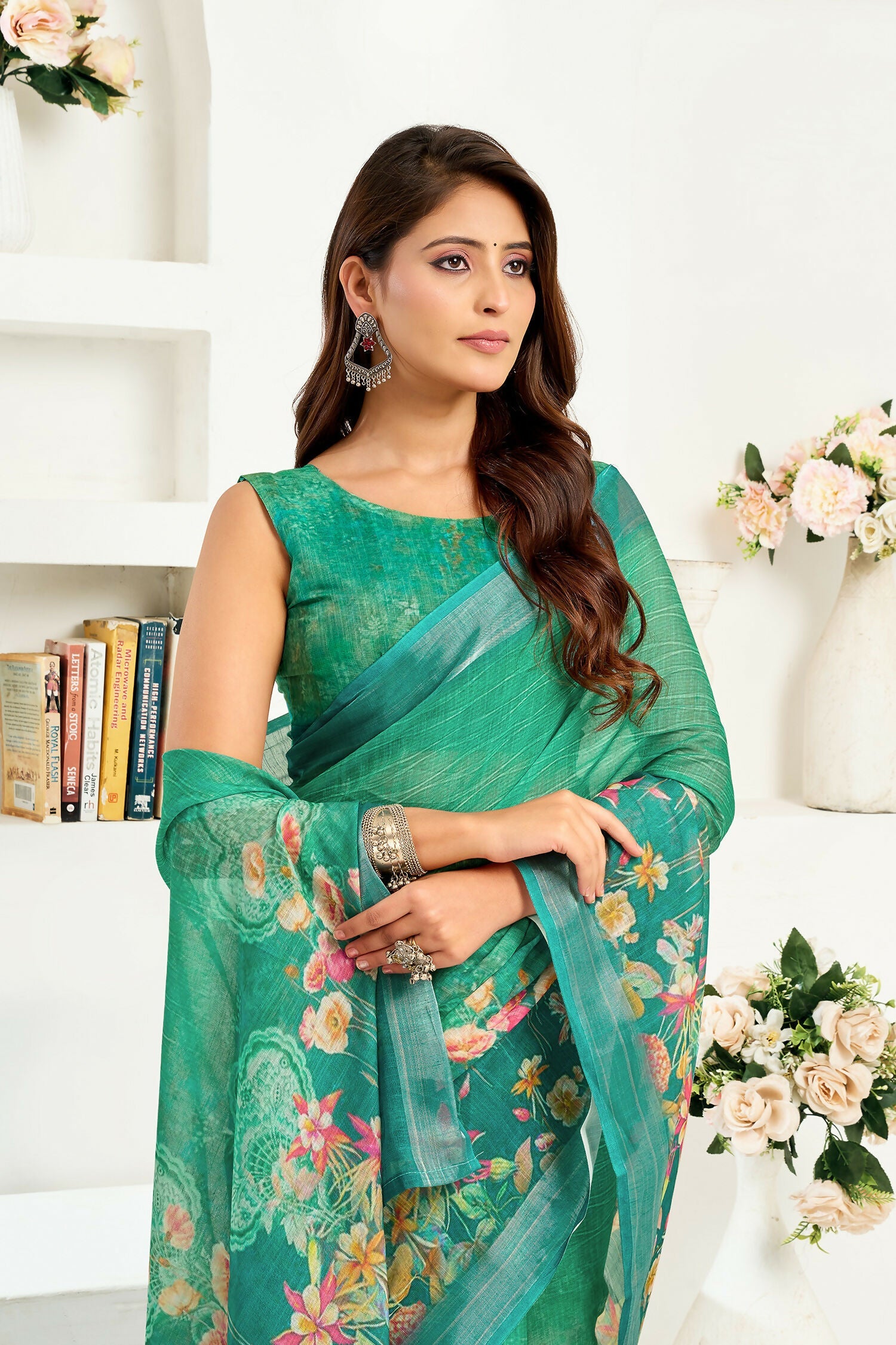 Joban Fashion Rama Green Floral Linen Ready To Wear Saree With Unstitched Blouse