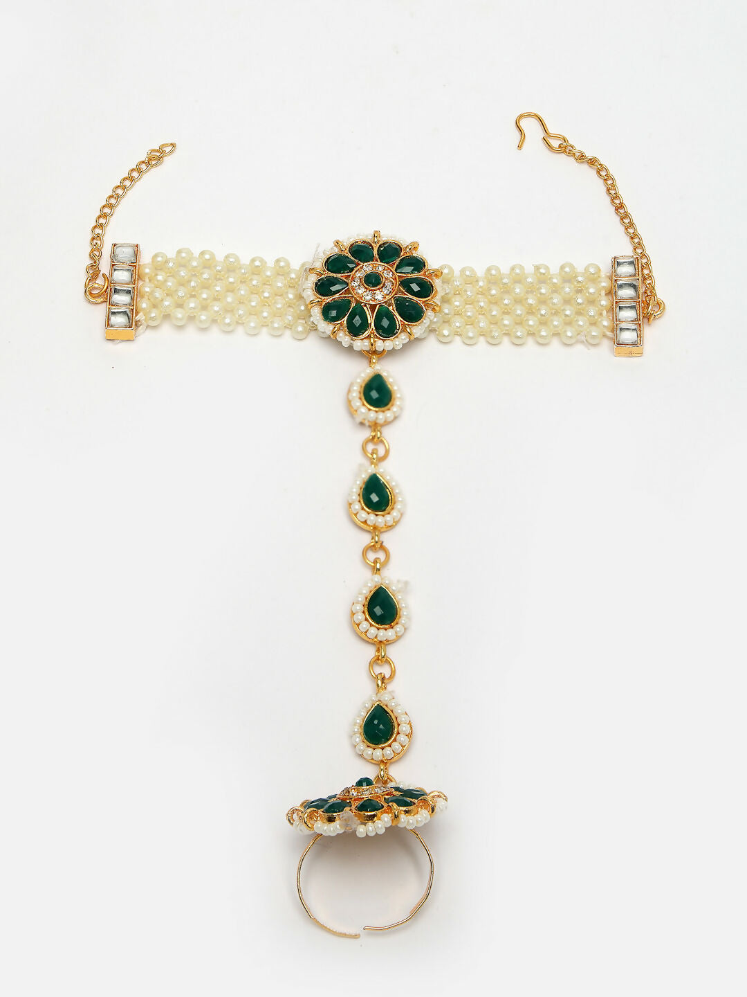 NVR Women's Green Gold-Polished Stone Studded Handcrafted Ring Bracelet