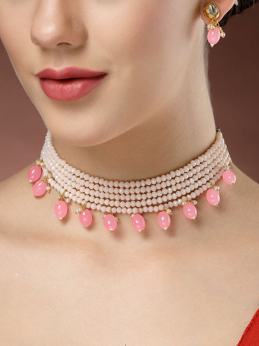 NVR Women's Pink Artificial Beads Layered Necklace with Drop Earring
