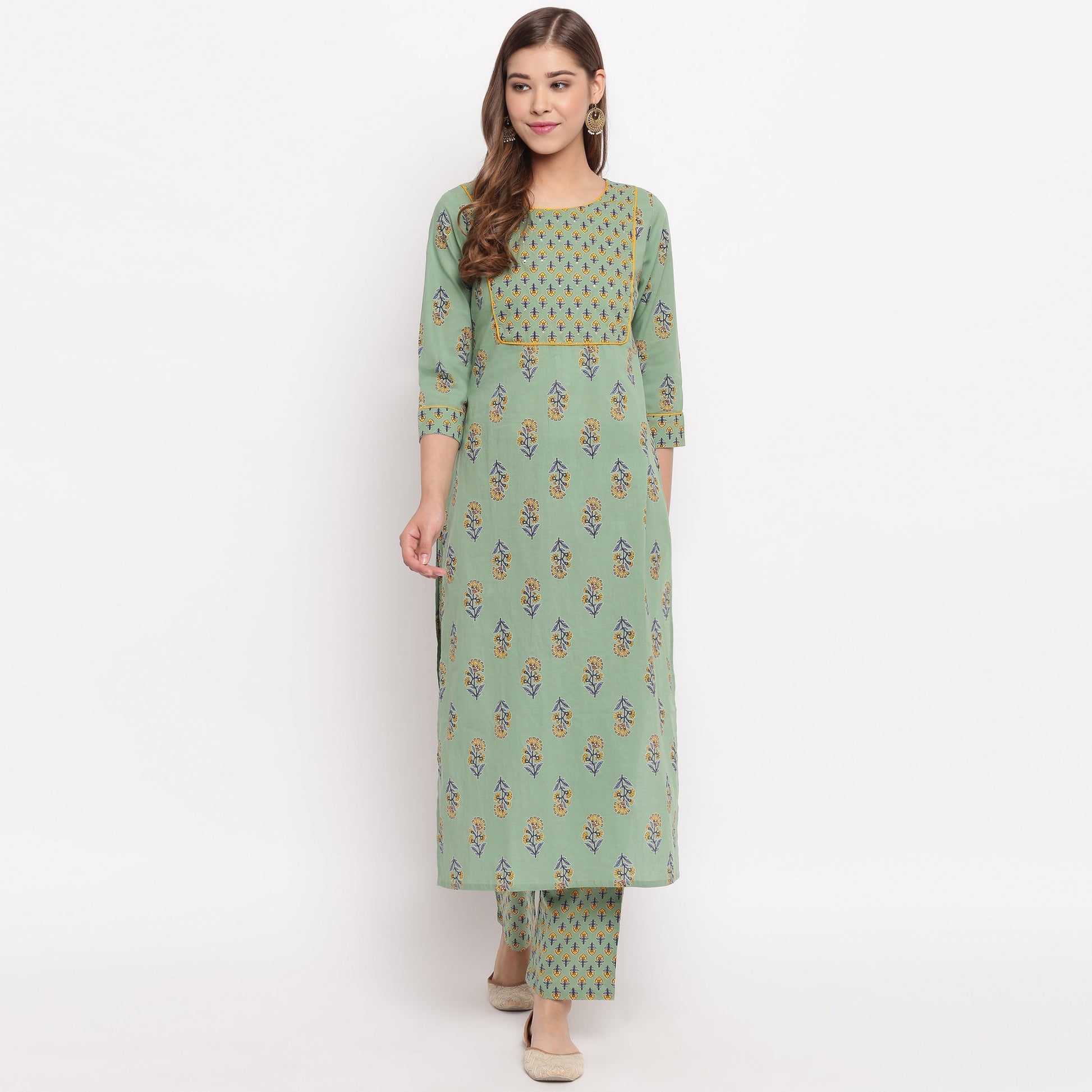 NOZ2TOZ Women's Floral Print Straight Cotton Pista Kurta With Palazzo 