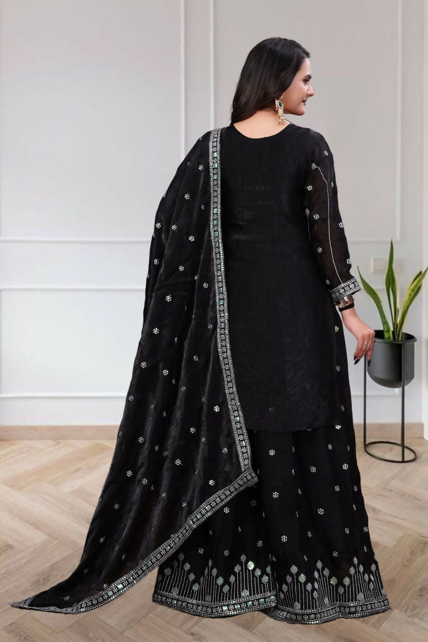 Teeya Creation Womens Trendy Black Silk Blend Embroidered Kurta And Sharara Suit Set With Dupatta