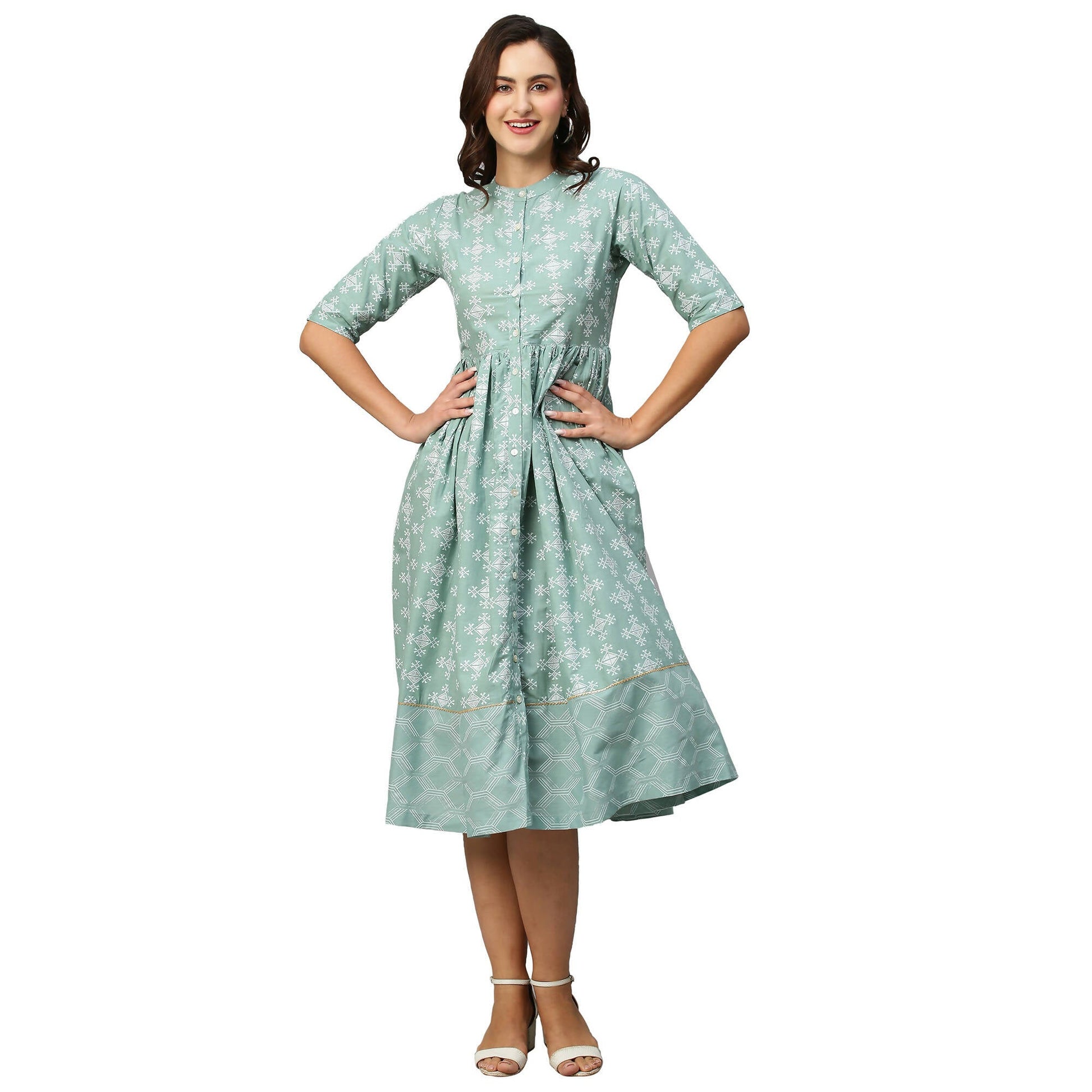 Green & Off-White Ethnic Motifs Printed Cotton A-Line Dress - Poonam
