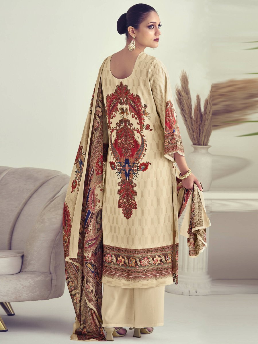 Aastha Fashion Women's Beige Muslin Floral Digital Print with Resham Thread work Kurta with Trouser & Dupatta - Grab2buy