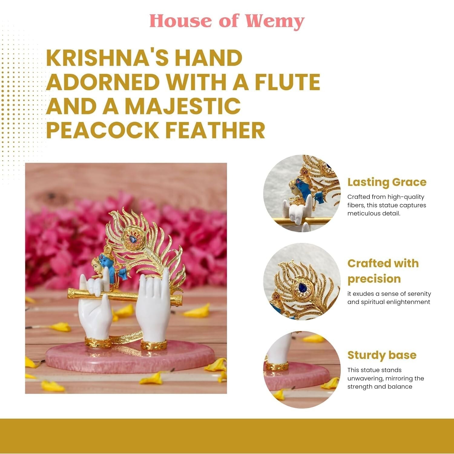 House Of Wemy Gold-Polished Lord Krishna Hands Idol with Flute, Face and Pecock Feather 