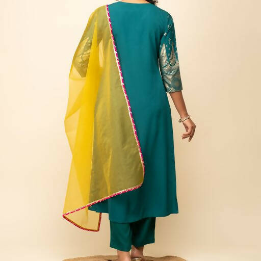 FIORRA Women's Teal Blue Crepe A-Line Kurta Pant with Dupatta 